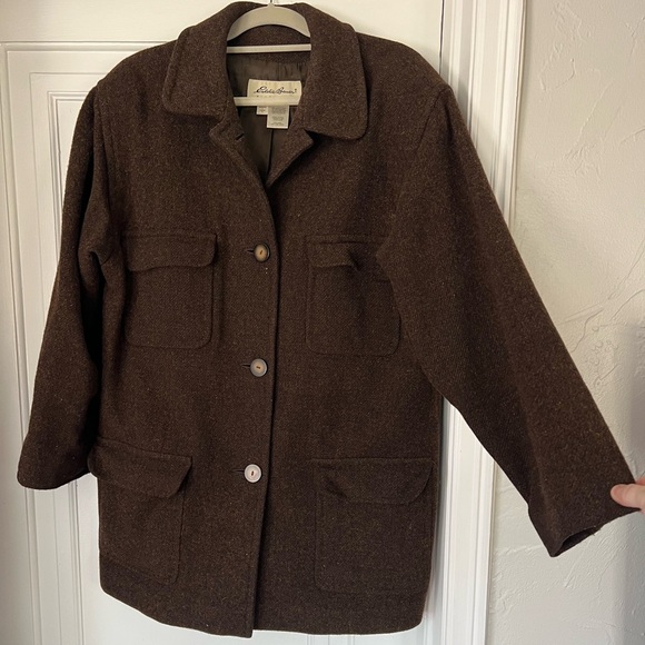 Vintage Eddie Bauer Wool Tweed Field Jacket Coat Women’s L USA Made Brown Cargo - Picture 2 of 12